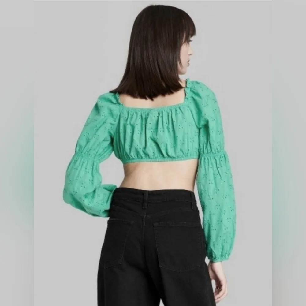 NEW Wild Fable Medium Crop Top Long Sleeve Cotton Teal Green Eyelets